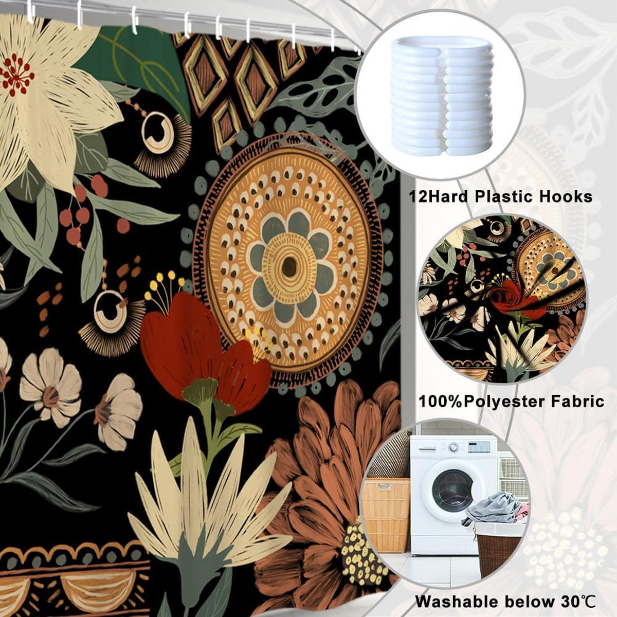 DUSCHVORHANG Boho Blumen Muster Badewanne schimmelresistent wasserdicht - Multicolor, Textil (180/180cm) - MCBOSON