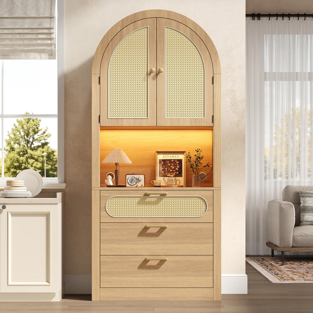 VITRINENSCHRANK Eiche Rattan LED 3 Schubladen 80x35x180cm - Multicolor, Holzwerkstoff (35/180/80cm) - FLIEKS