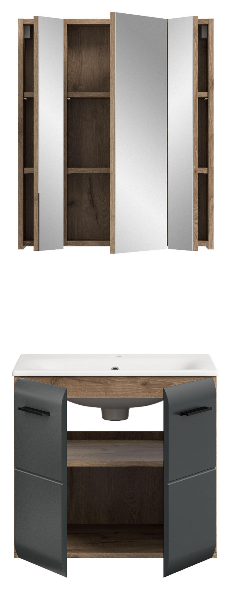 BADMÖBEL-SET 2-teilig Schwarz matt und Eiche Komplett-Set mit Waschbecken, 60 x 185 cm - Eichefarben/Schwarz, Glas/Holzwerkstoff (60/185/46cm) - Inn.Furn