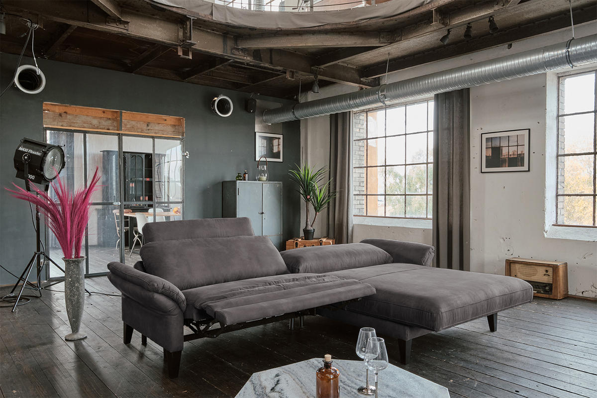 ECKSOFA MIT MOTORISCHER RELAXFUNKTION MALTA Anthrazit Webstoff - Anthrazit/Schwarz, Buchenholz/Textil (302/175cm) - KAWOLA