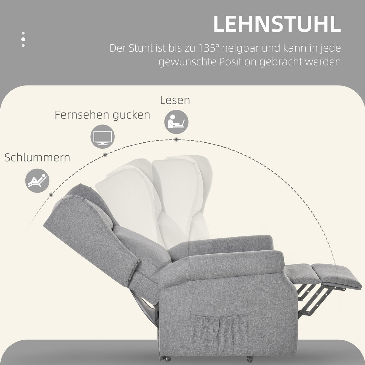 FERNSEHSESSEL mit Aufstehhilfe Leinen Grau - Grau, Textil (94/111/74cm) - HOMCOM