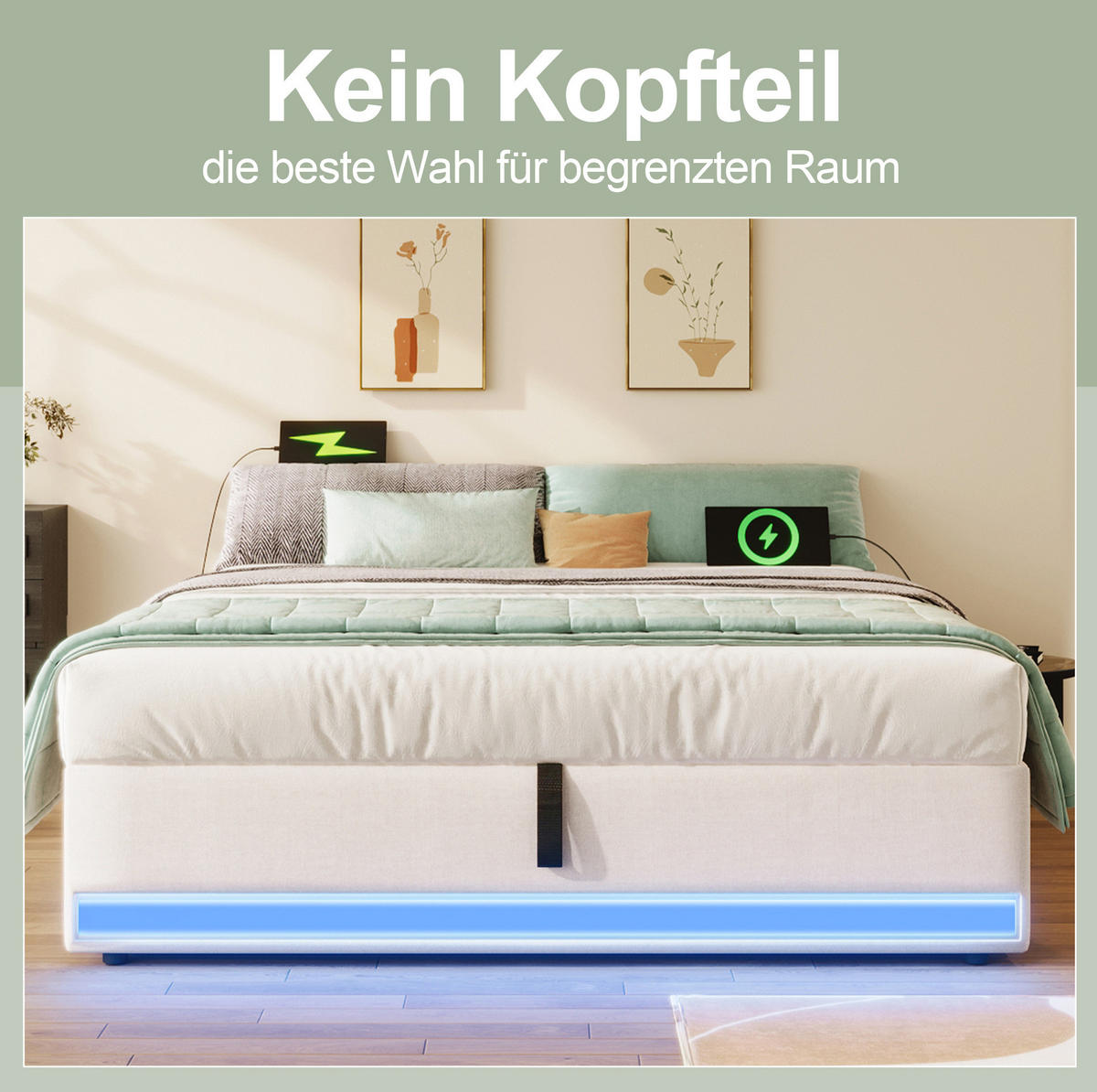POLSTERBETT mit LED-Beleuchtung 140/200 cm mit Stauraum, USB und Typ-C - Beige, Textil (140/200cm) - BEAOK
