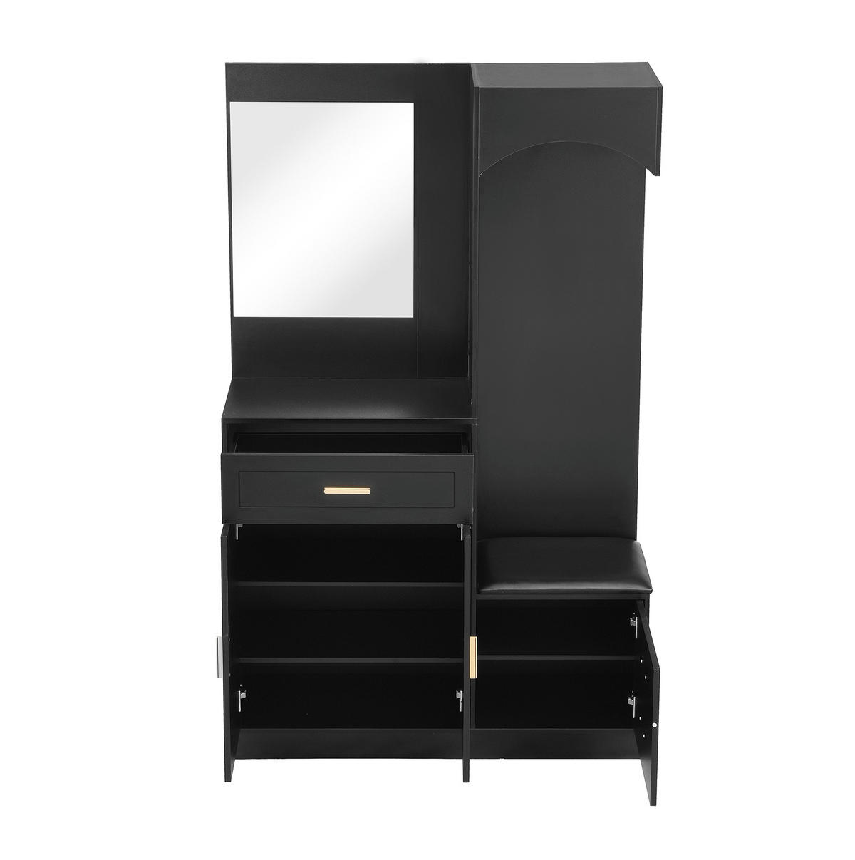 GARDEROBENSCHRANK 110/33/185,5 cm mit Schuhschrank, Spiegel, Sitzbank und verstellbaren Böden aus MDF, Schwarz - Schwarz, Holzwerkstoff (110/185.5/33cm) - Redom