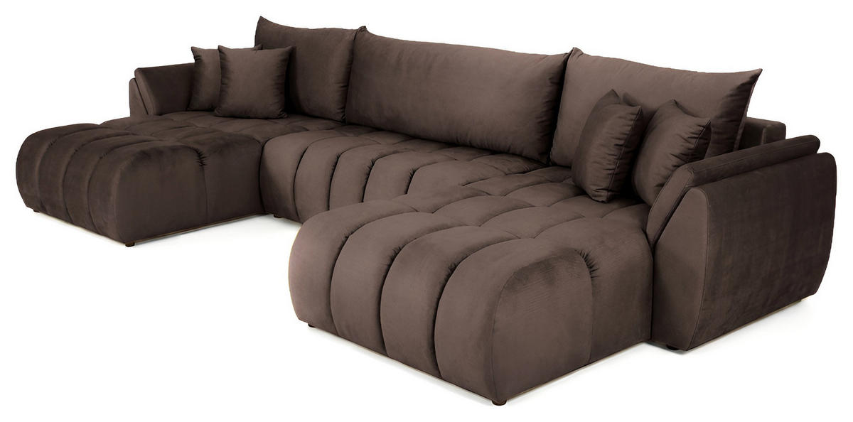 ECKSOFA Iris U mit Schlaffunktion und Bettkasten, U-Form – Braun Samt 382/184/85 cm - Schwarz/Braun, Kunststoff/Textil (382/184cm) - WFL GROUP