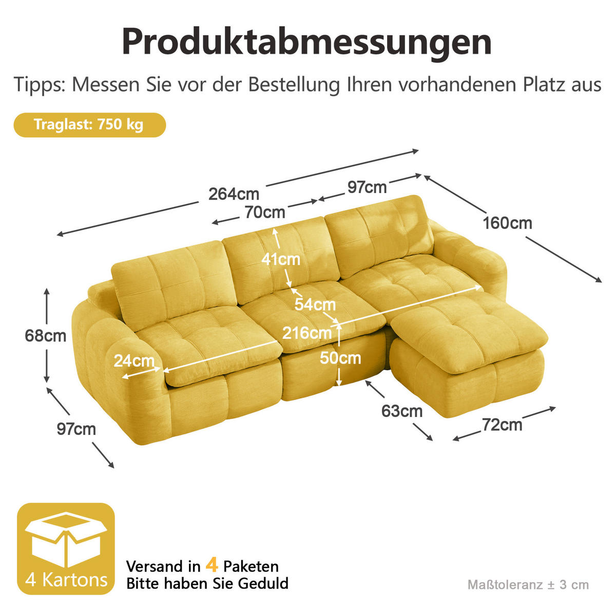 SOFA 264/160/68 cm in Gelb aus Chenille mit Ottomane, rahmenlos und flexibel - Gelb, Textil (160/68/264cm) - Flora Grace