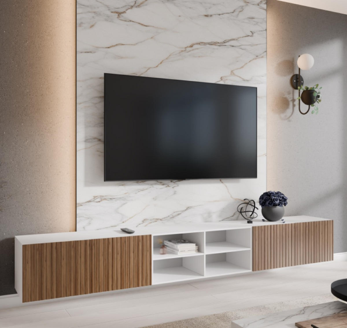 TV-SCHRANK Weiß Katania Eiche Rillenfront Offene Regale 300 cm - Eichefarben/Braun, Holzwerkstoff (300/41/40cm) - Sepro Meble