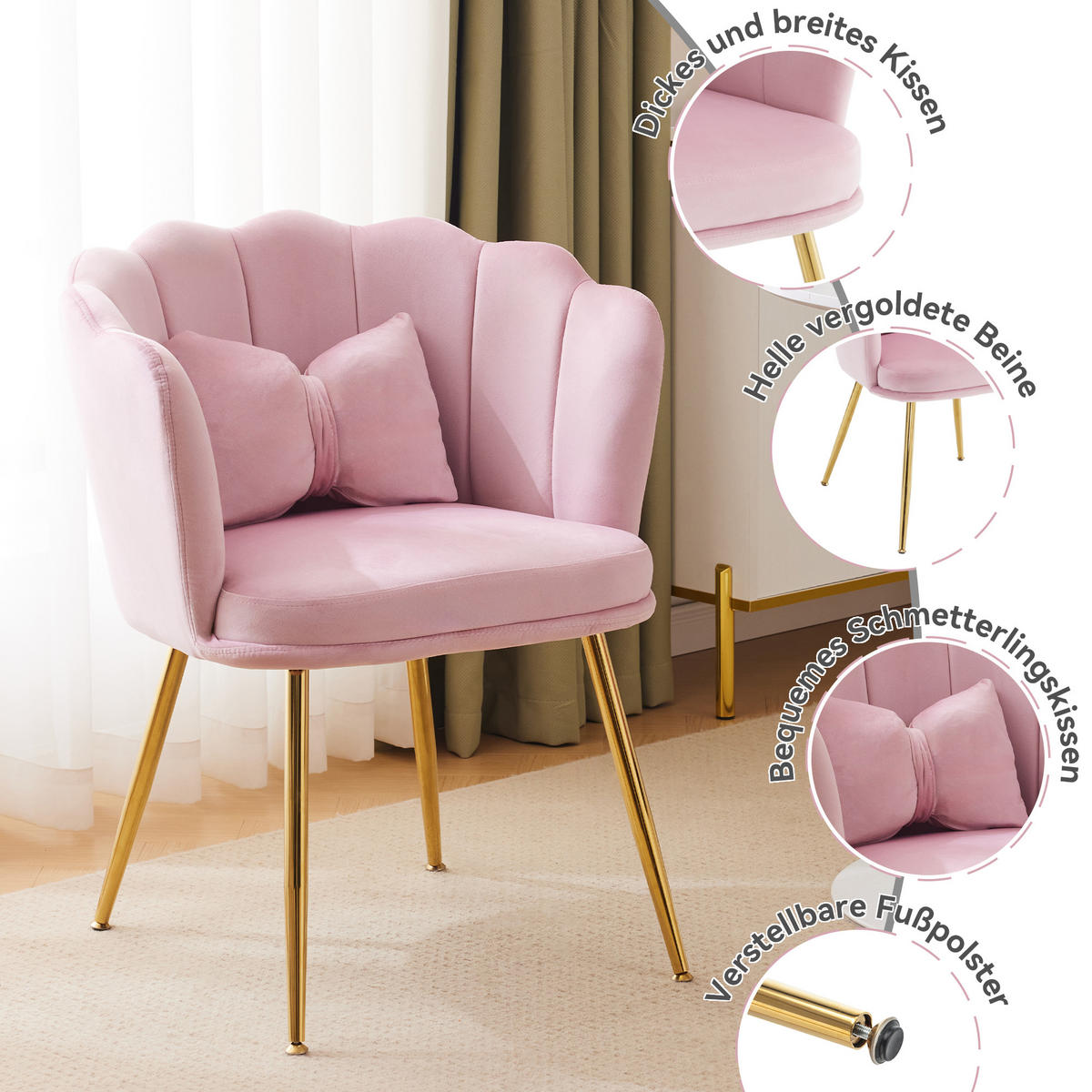 SESSEL Samt Blütenblatt-Rückenlehne Goldfüße & Kissen Rosa - Pink, Holz (62/43/54cm) - FLIEKS