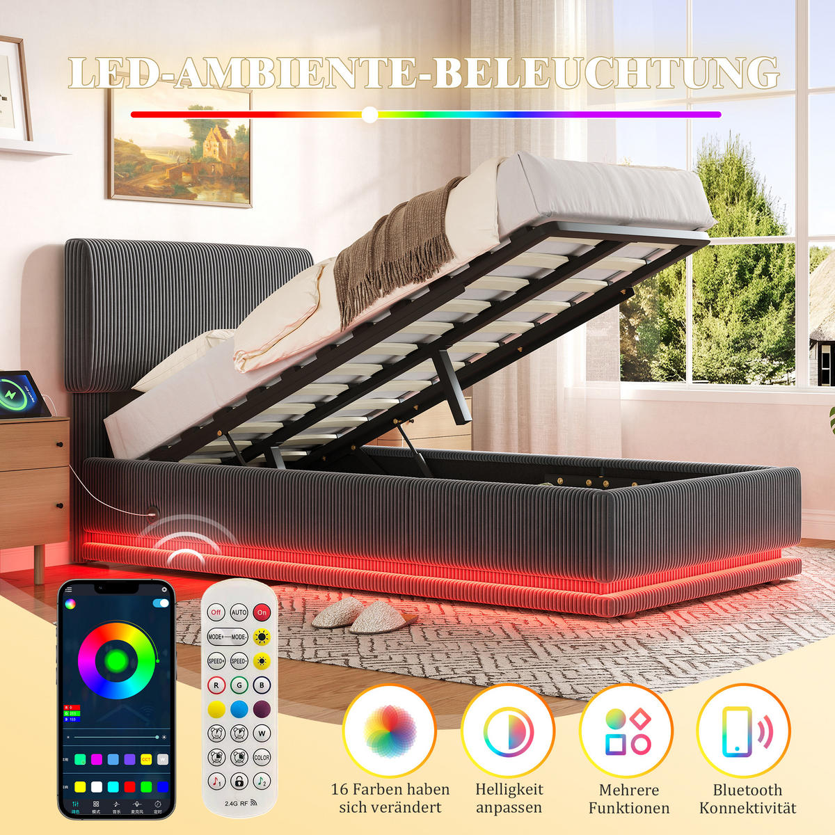 POLSTERBETT 90x200 cm LED USB Stauraum grau - Dunkelgrau, Textil (90/200cm) - LEBENLANG