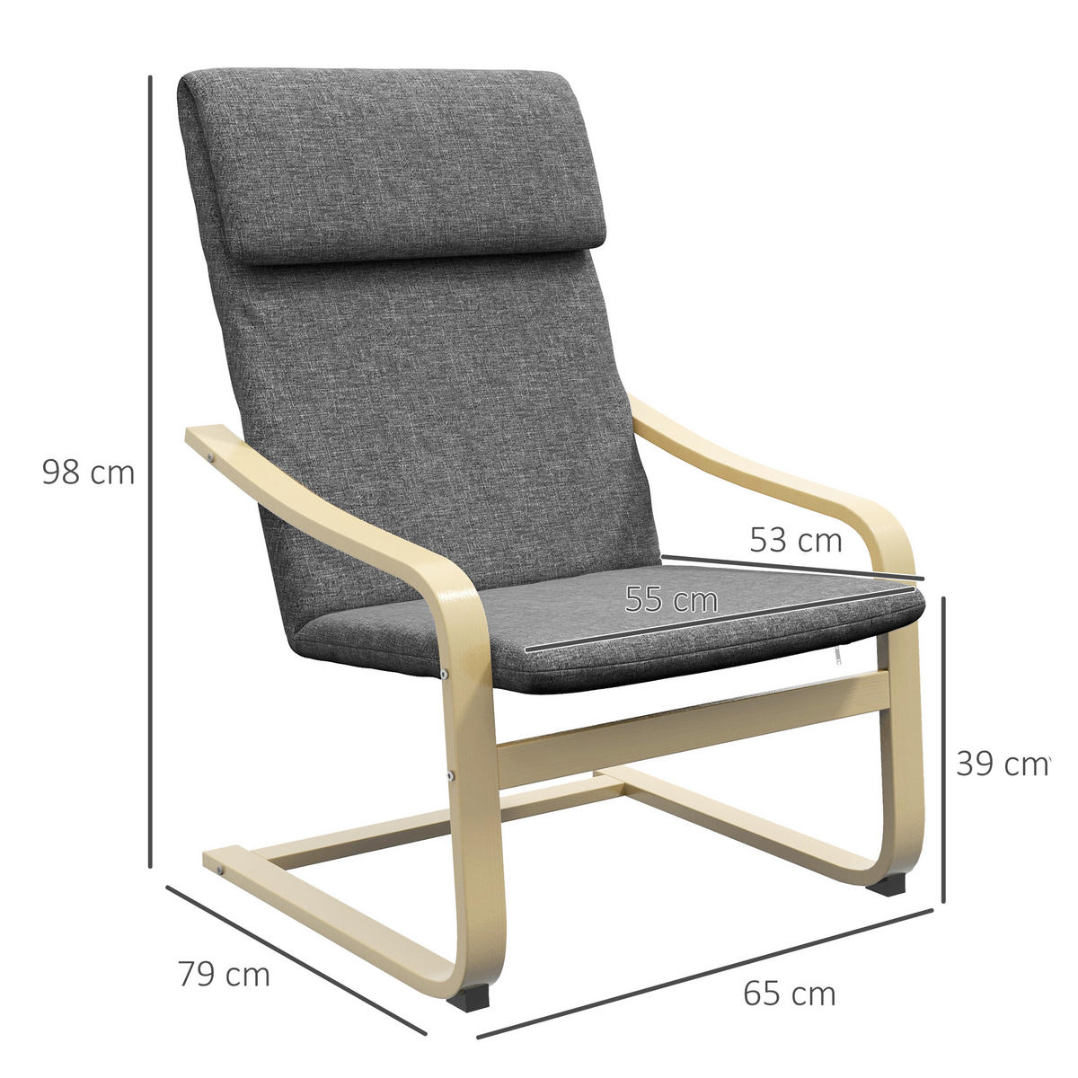 SESSEL mit Kopfstütze und Armlehnen, Bezug in Leinenoptik, Holzgestell, Grau - Dunkelgrau, Kunststoff (80/99/66.5cm) - HOMCOM