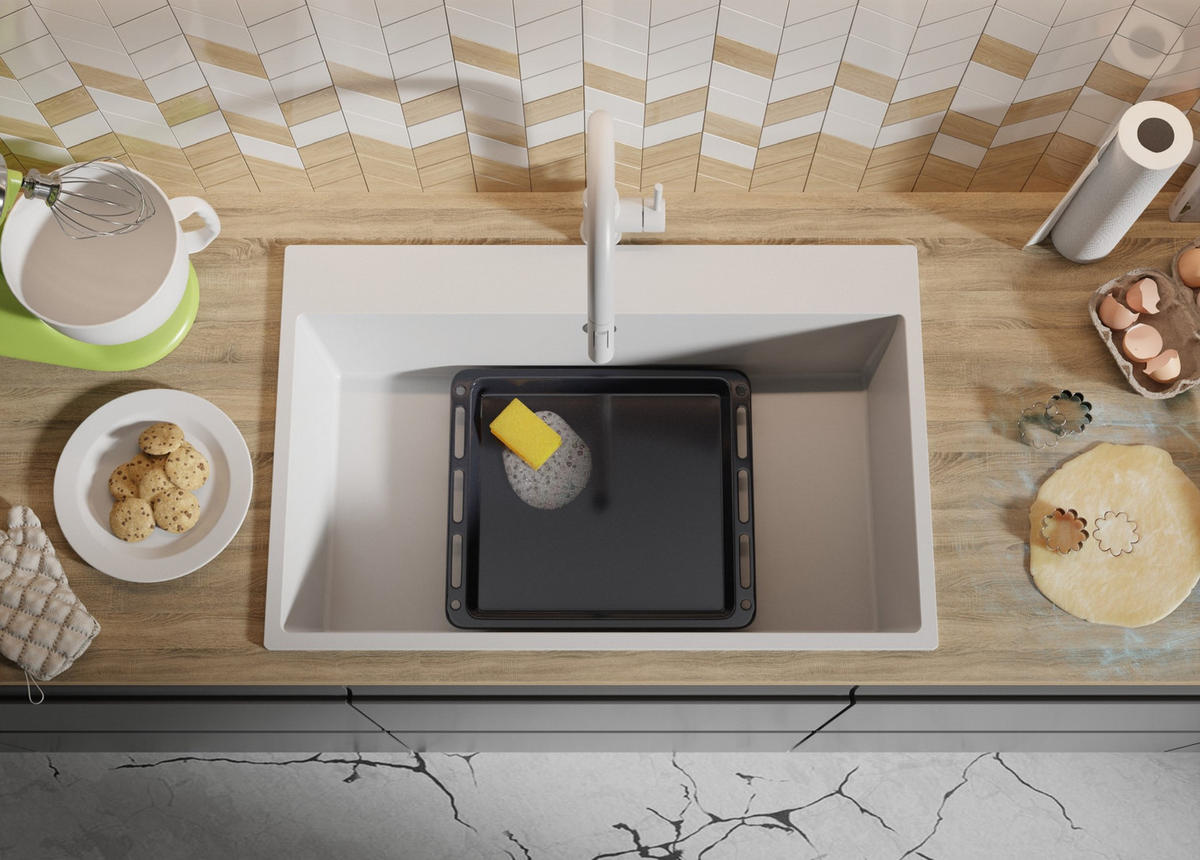 SPÜLBECKEN Riga, 2-er set Weiß 78/50 cm 1 Becken + Ablauf-Set ab 80er Unterschrank - Chromfarben/Weiß, Kunststoff (78/20/50cm) - Primagran