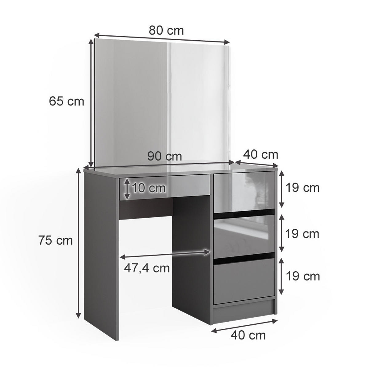 SCHMINKTISCH Sherry Grau 90 cm mit Spiegel - Grau, Holzwerkstoff (90/75/40cm) - Vicco