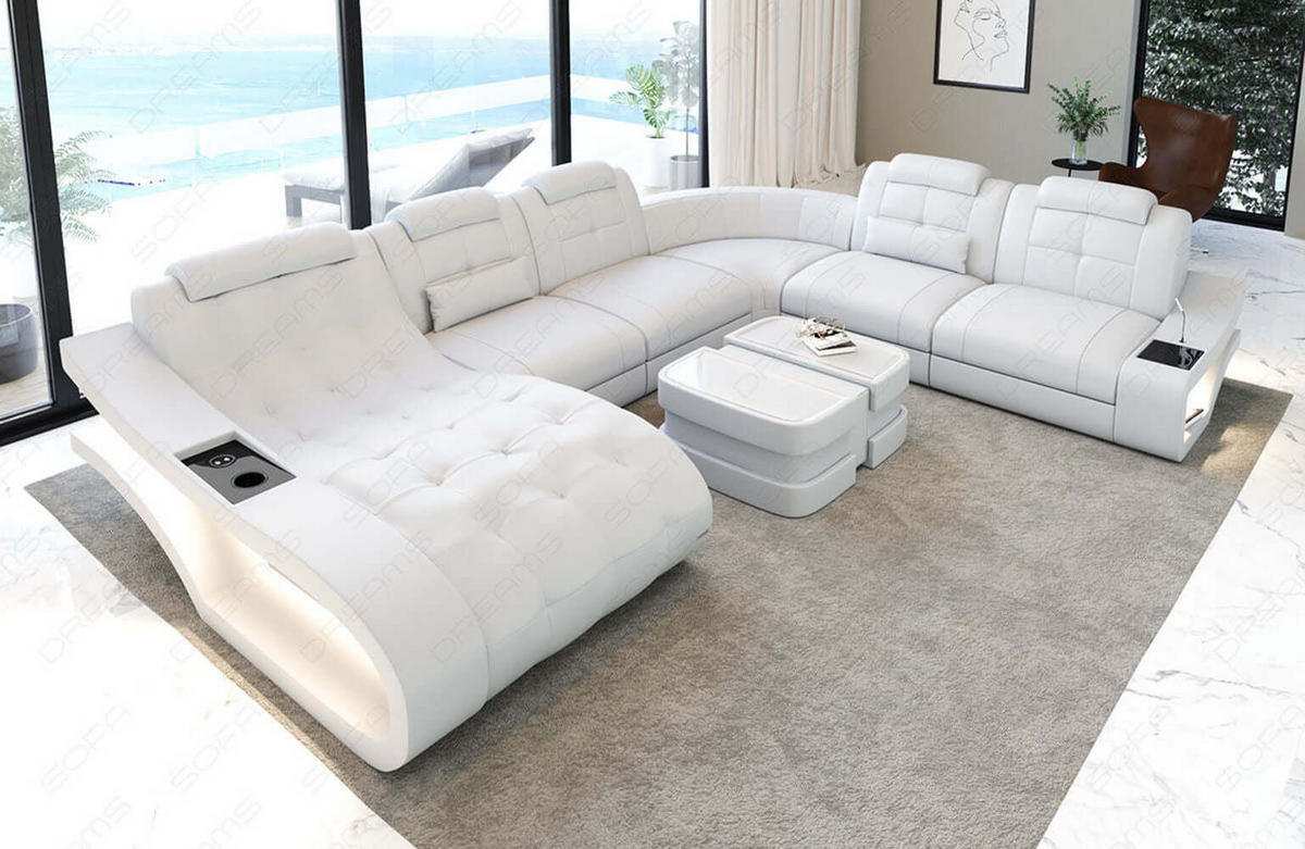 WOHNLANDSCHAFT Elegante Weiß Büffelleder - Weiß, Leder (379/91/283cm)