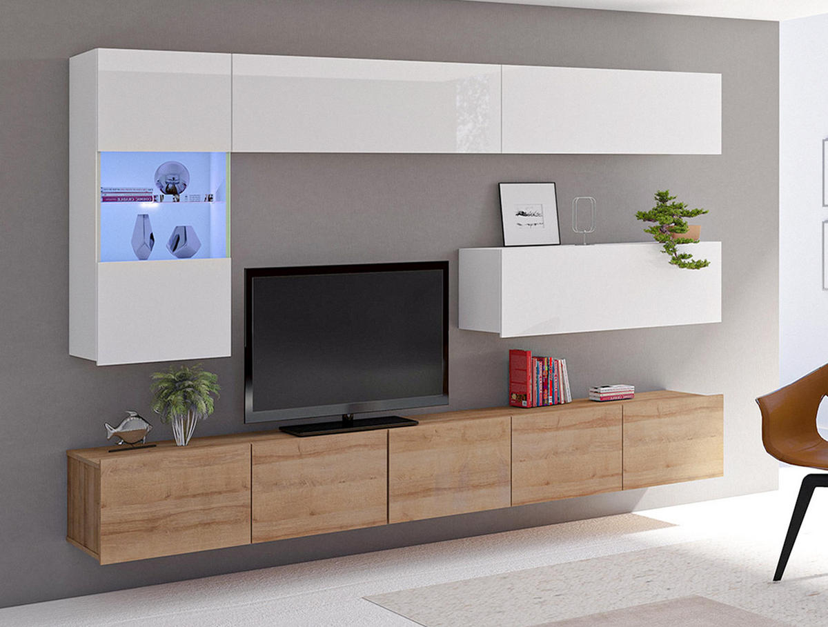 WOHNWAND Kossana 4 Modern Weiß/Goldene Eiche 255/142/43 cm Designmöbel - Hellbraun/Weiß, Holzwerkstoff/Kunststoff (255/142/43cm) - AX Living