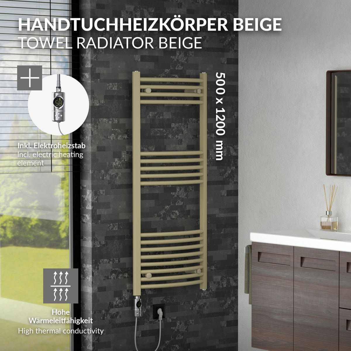 HANDTUCHHEIZKÖRPER elektrisch 500 x 1200 mm Beige Badheizkörper gebogen mit Seitenanschluss mit Heizstab 600W - Beige, Metall (50/120/3cm) - LuxeBath