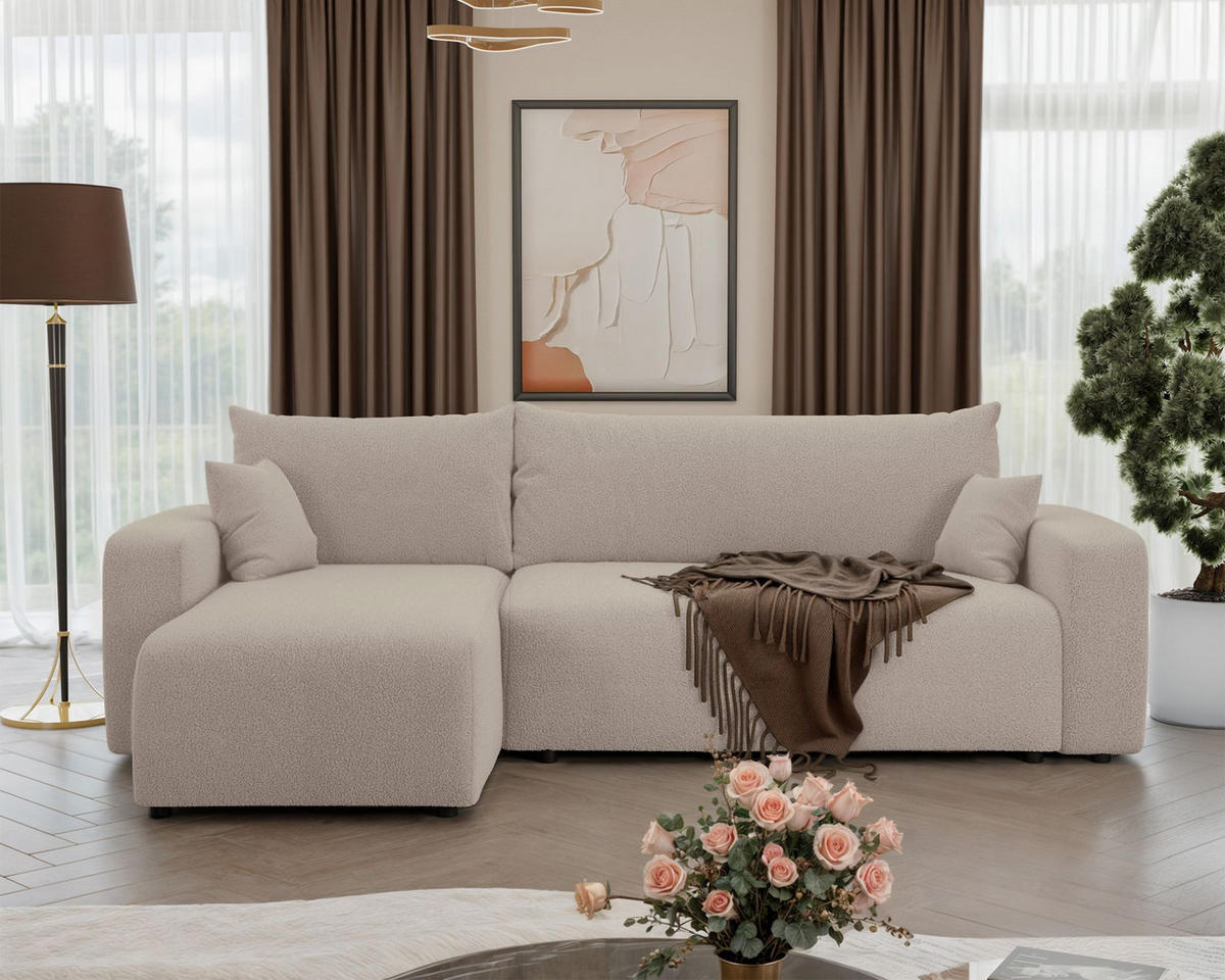 ECKSOFA Pianoni Hellbeige Bouclé-Bezug - Ecru/Schwarz, Kunststoff/Textil (244/140cm) - Selsey