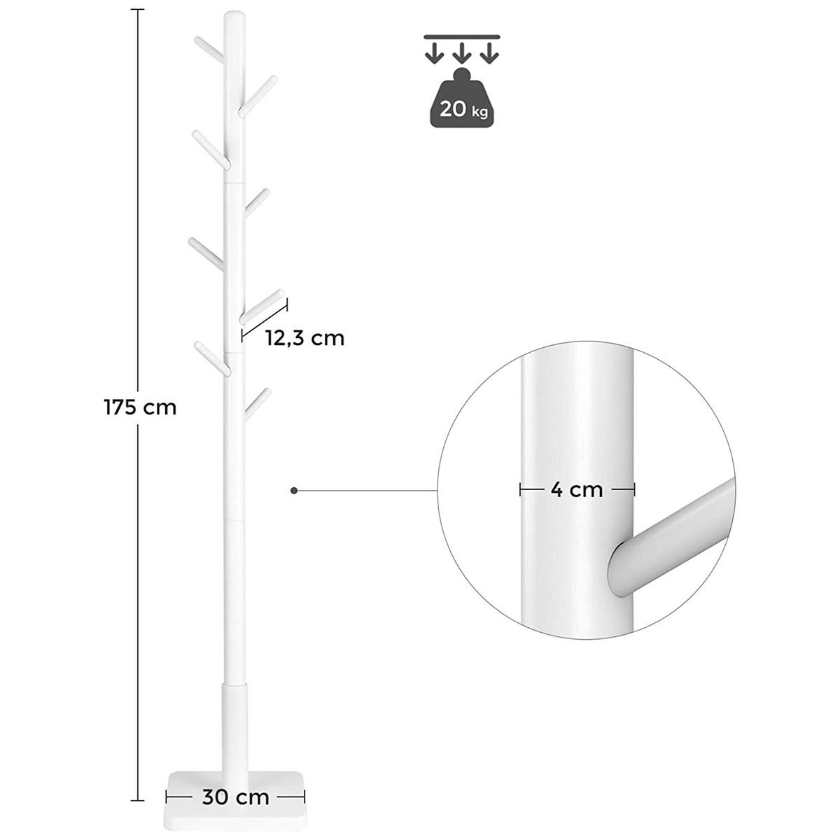 GARDEROBENSTÄNDER aus weißem Gummibaumholz mit 8 Haken - H175 cm - Weiß, Holz (30/175/30cm) - Calicosy