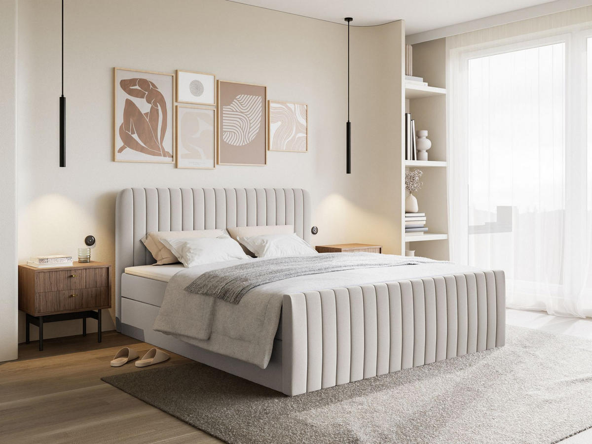 BOXBETT Saliano mit Topper und Chenille-Bezug Hellgrau, 140x200 cm - Hellgrau, Kunststoff/Textil (140/200cm) - Selsey