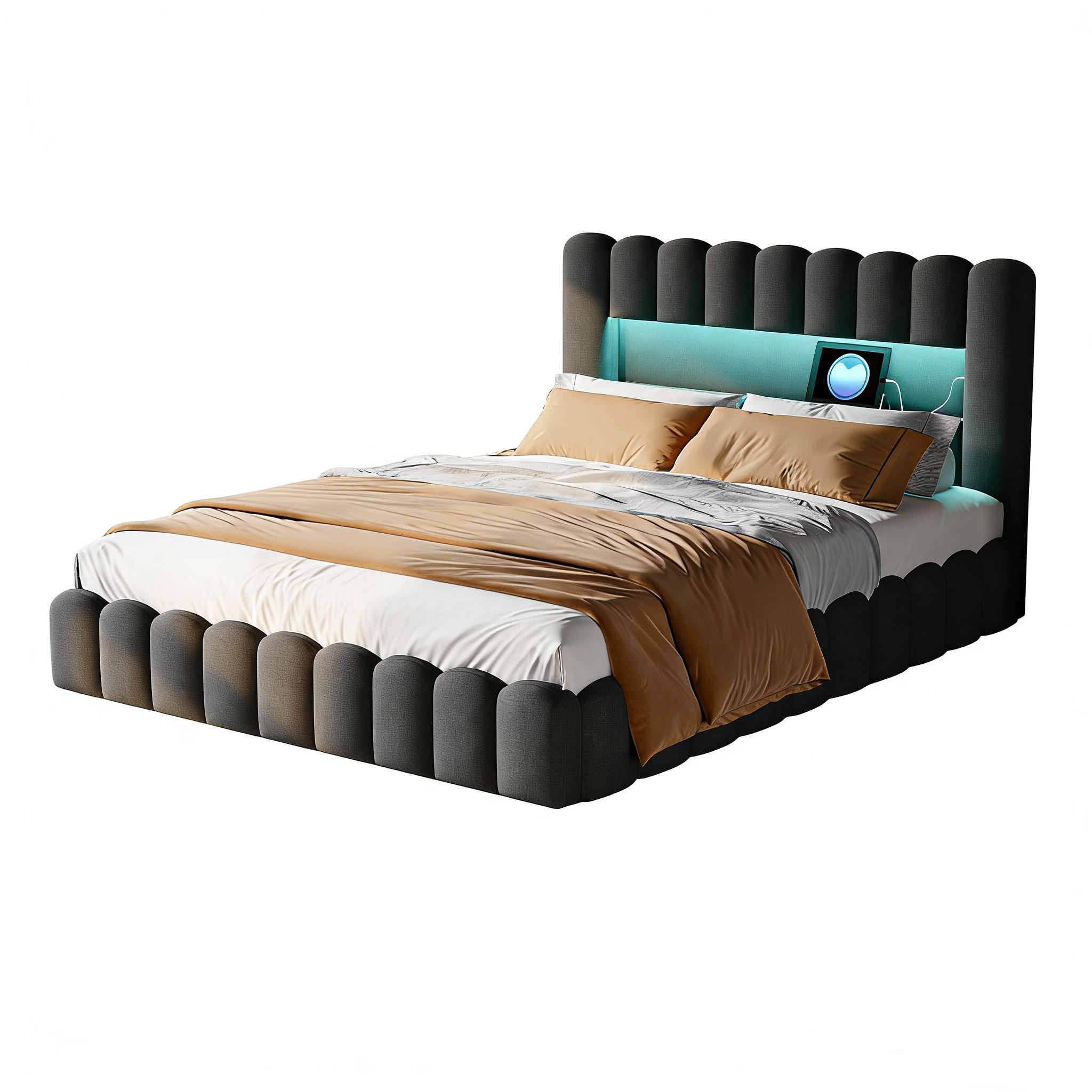 POLSTERBETT 160/200 cm mit USB-Anschlüssen und hydraulischem Stauraum, Leinen, Grau - Grau, Holz/Metall (160/200cm) - PARAFTA HOME