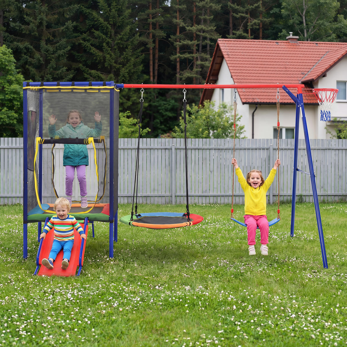 SPIELGERÄT Outdoor Kinder Trampolin Schaukel Rutsche - Multicolor, Metall (336/217cm) - LEBENLANG