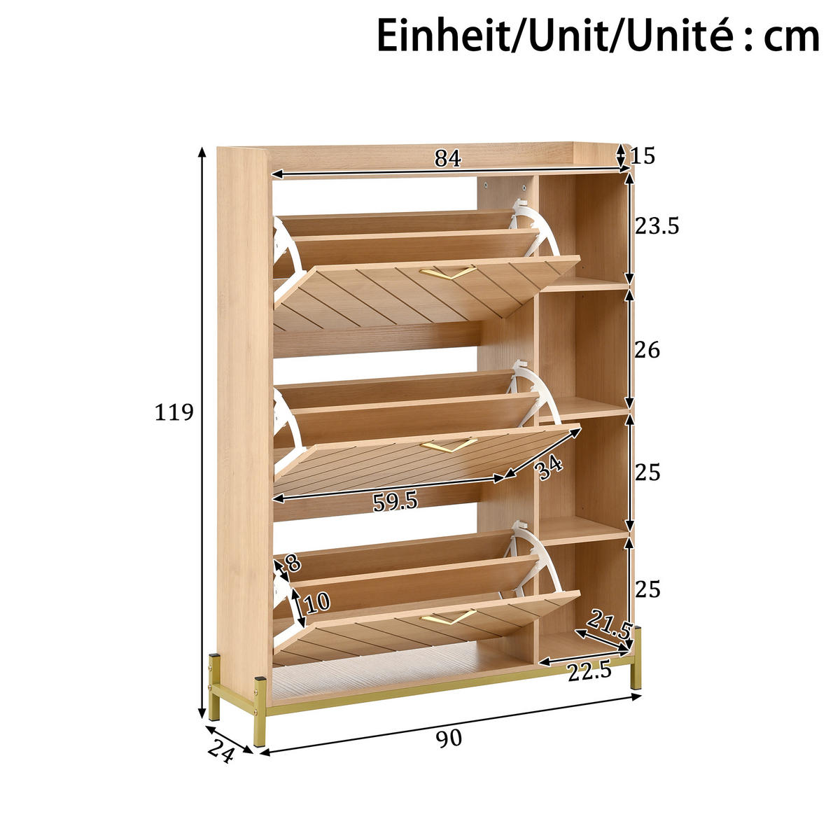 SCHUHSCHRANK 3 Türen Klappdeckel Eiche schmal mit Regalen - Naturfarben, Holz (90/119/24cm) - LEBENLANG