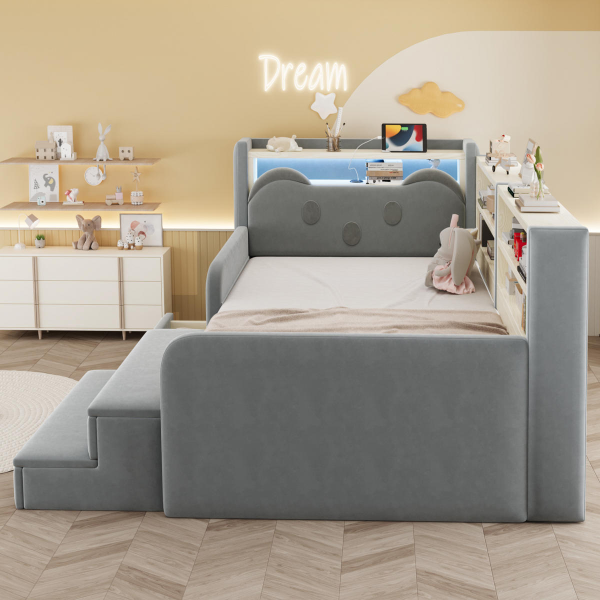 POLSTERBETT 90*200 cm mit LED, USB und Schublade, Hellgrau - Hellgrau, Textil (90/200cm) - FLIEKS