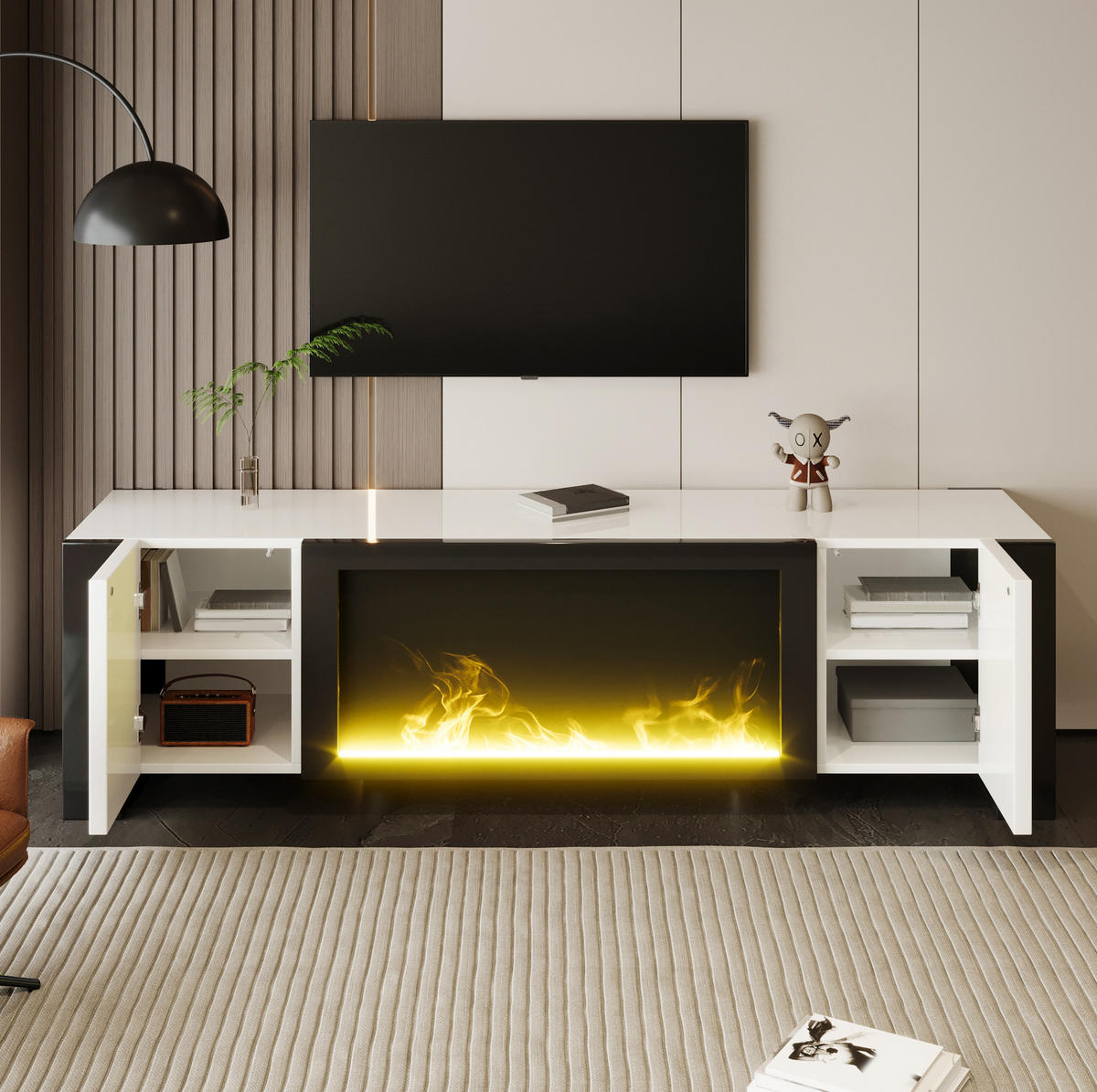 TV-ELEMENT mit Elektrokamin 165 x 32 x 55 cm Weiß/Schwarz - Weiß, Holzwerkstoff (32/55/165cm) - Beauniv