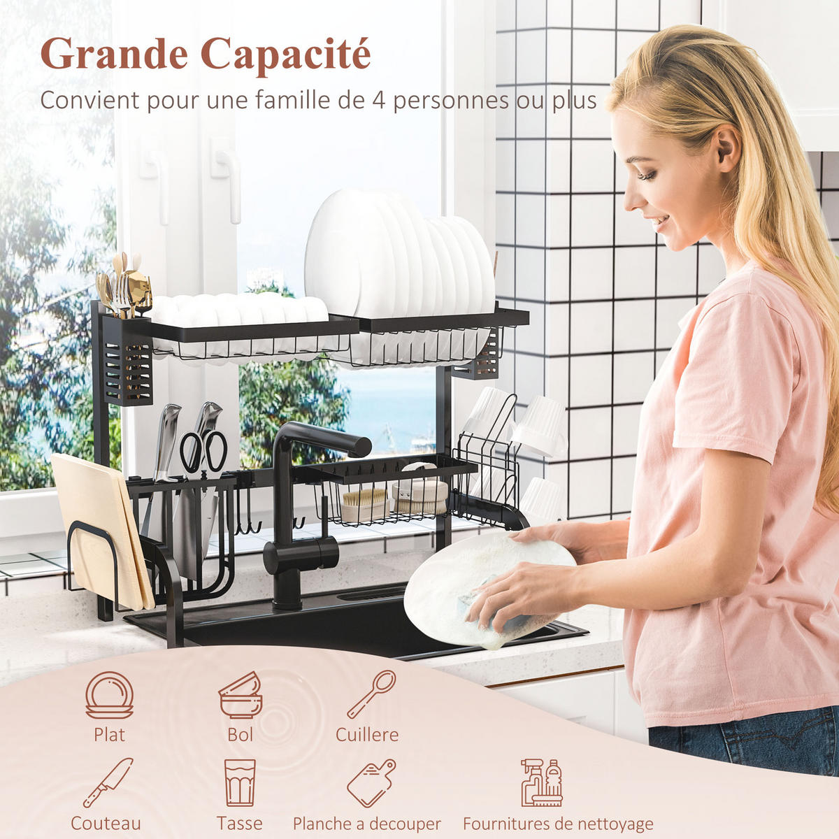 ABTROPFGESTELL DE-11222 2 Ebenen, über der Spüle, modulbar Schwarz - Schwarz, Metall (31.5/53.5/81.5cm) - ComfortXL