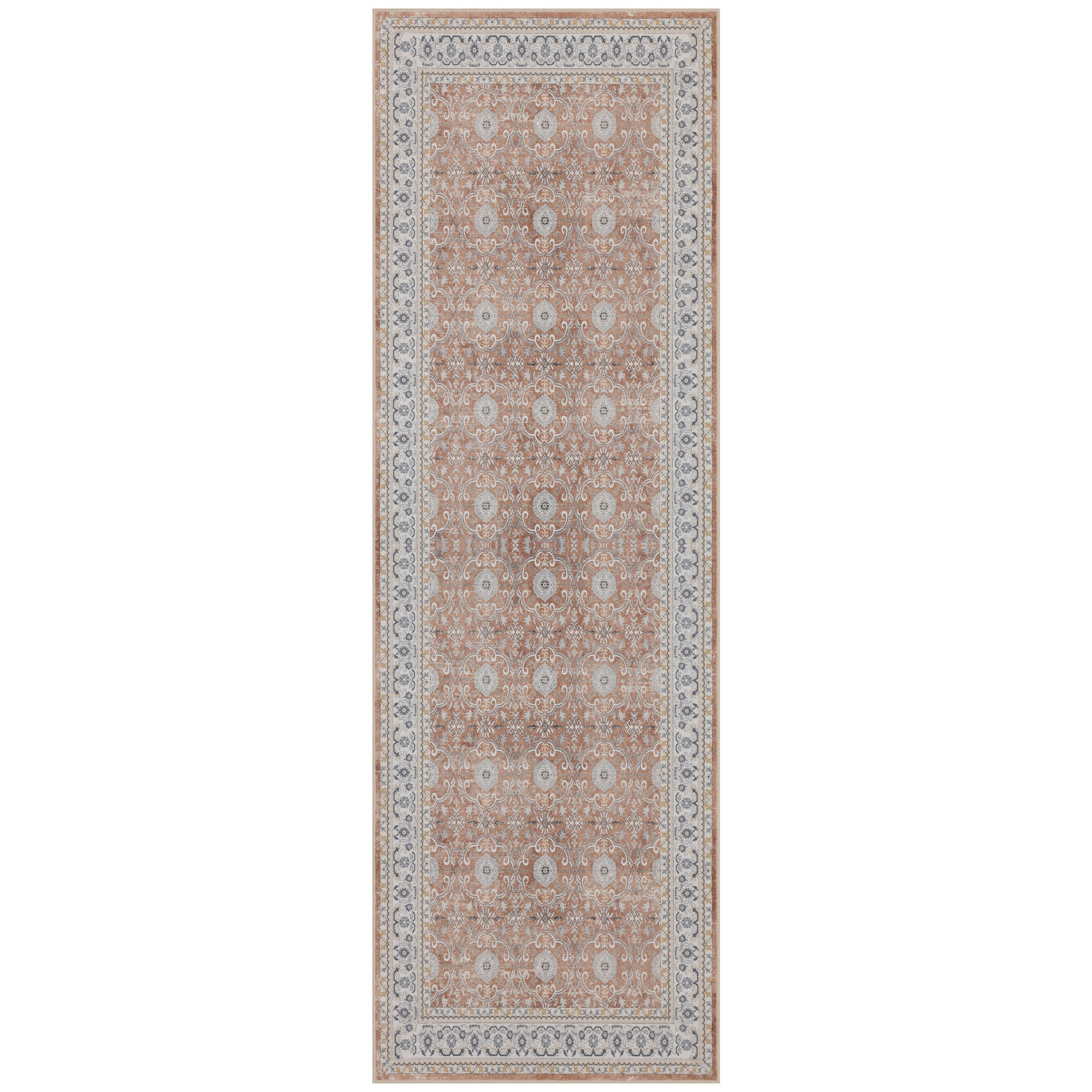 LÄUFER waschbar, mit floralen Ornamenten, VERNANTE in Terrakotta-Creme, 80 x 250 cm - Rot, Textil (80/250cm) - KADIMA DESIGN