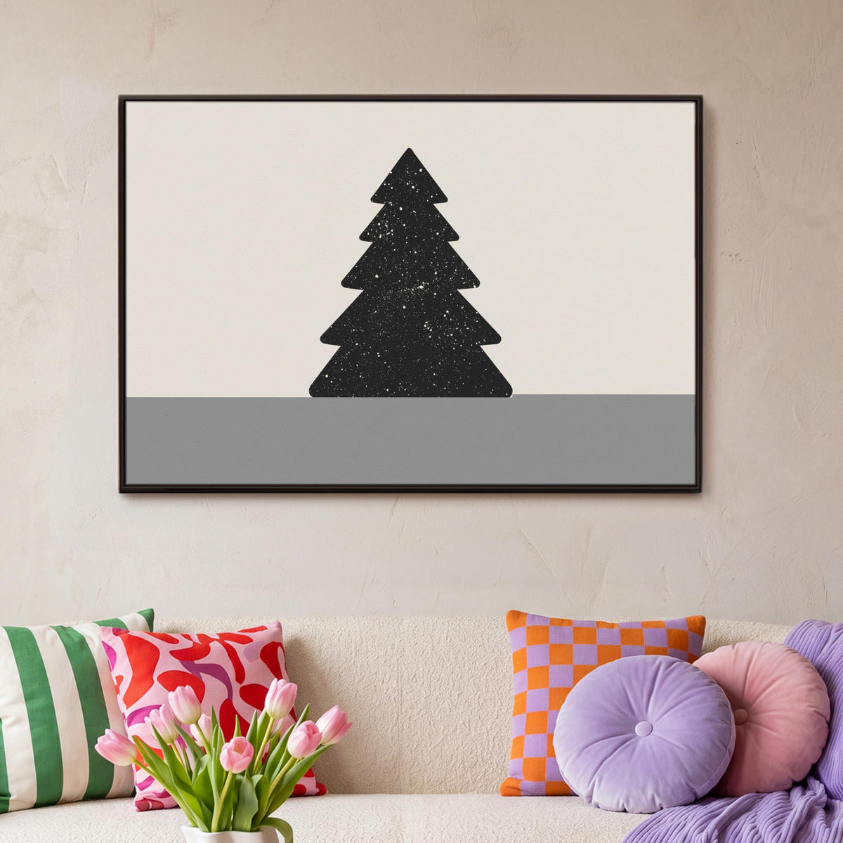 LEINWAND Bilder mit Rahmen - Weihnachtsbaum - Schwarz - Urlaub - Beige - 90x60 - Schwarz, Textil (90/60cm) - MuchoWow