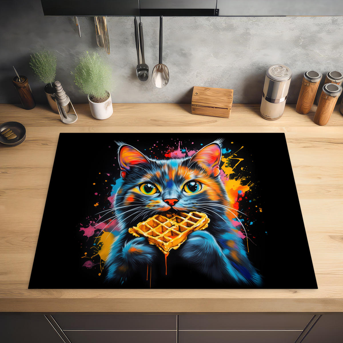 HERDABDECKPLATTE Katze - Graffiti - Bunt - Waffel - Essen Induktionsmatte 77x59 cm - Multicolor, Kunststoff (77/59/0.2cm) - MuchoWow