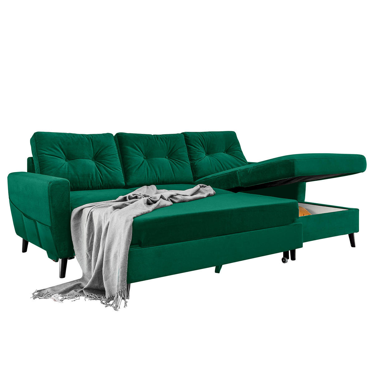 ECKSOFA mit Longchair - Smaragdgrün/Schwarz, Buchenholz/Textil (233/148cm) - home24
