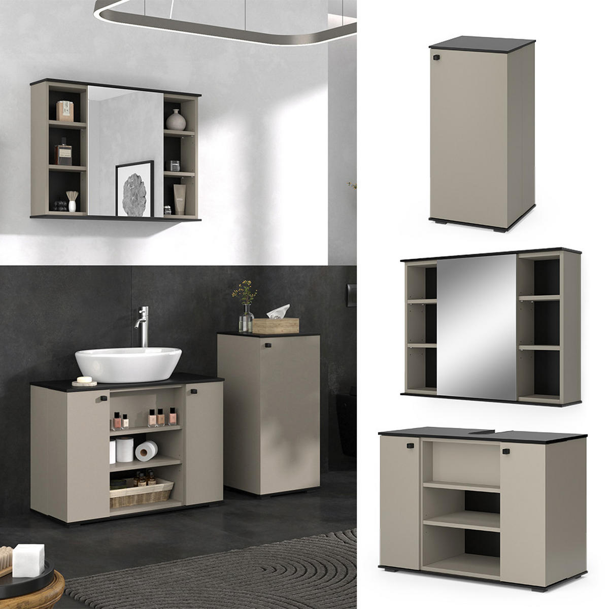 BADMÖBEL-SET Joli Greige 3 Teile, mit Midischrank - Greige/Schwarz, Holzwerkstoff (80/59/37cm) - Vicco