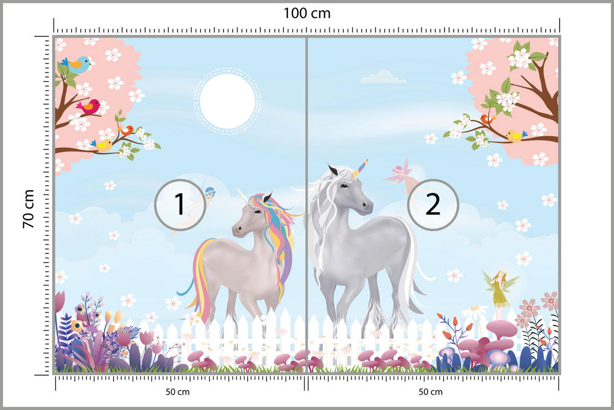 FOTOTAPETE für Kinderzimmer Einhörner Wiese Vögel Bäume Blumen 100x70 - Multicolor, Papier (100/70cm) - Muralo