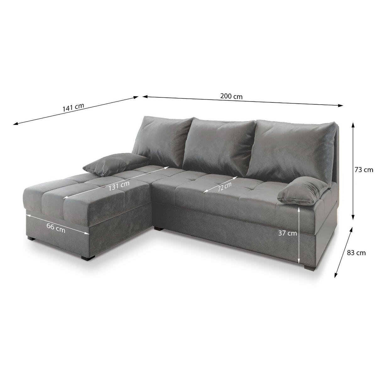 ECKSOFA RITA M Hellgrau Velours-Stoff mit Schlaffunktion - Hellgrau, Holz (200/141cm) - MASSENO