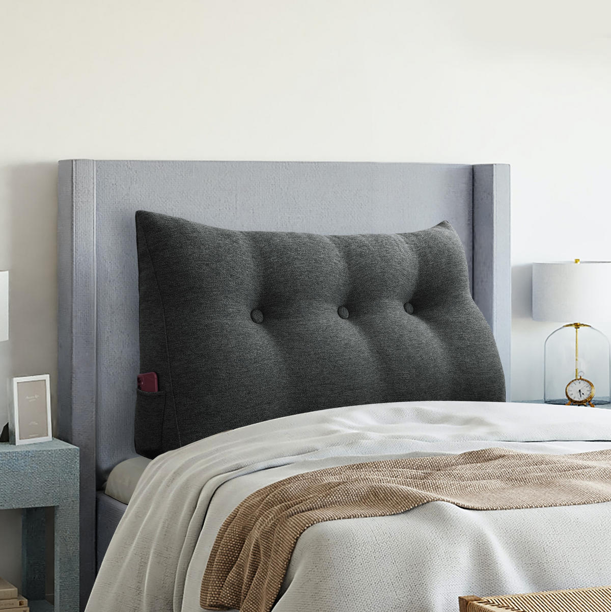 RÜCKENKISSEN für Bett Leinenlook Schwarz 100 cm - Schwarz, Textil (50/100cm) - Vercart