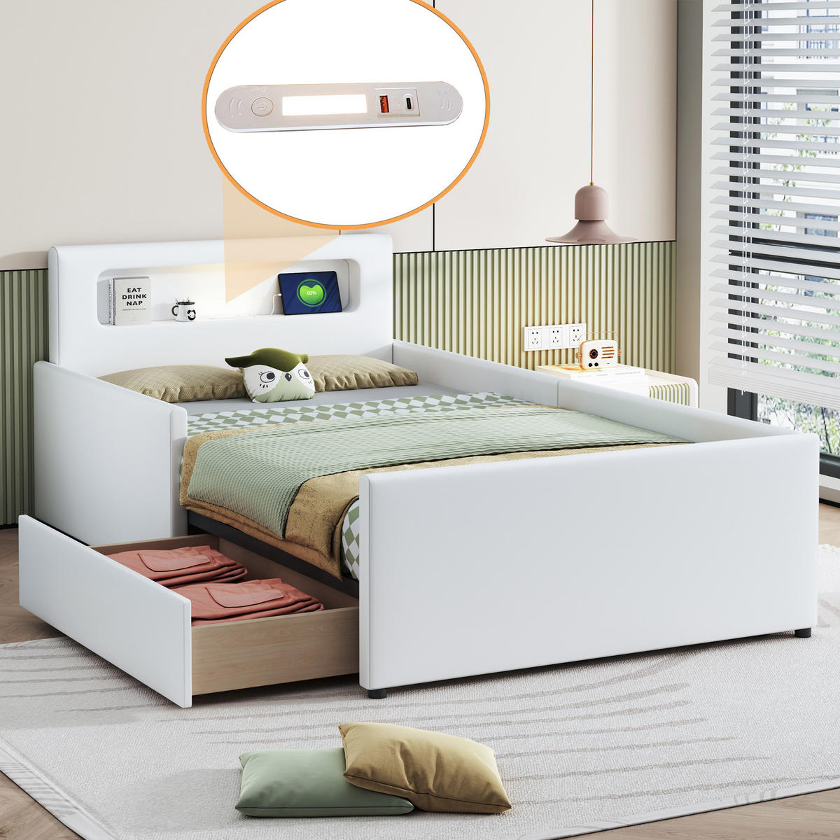 KINDERBETT 90/200 cm in Weiß mit Schubladen, LED und USB - Weiß, Holzwerkstoff/Textil (90/200cm) - WISHDOR
