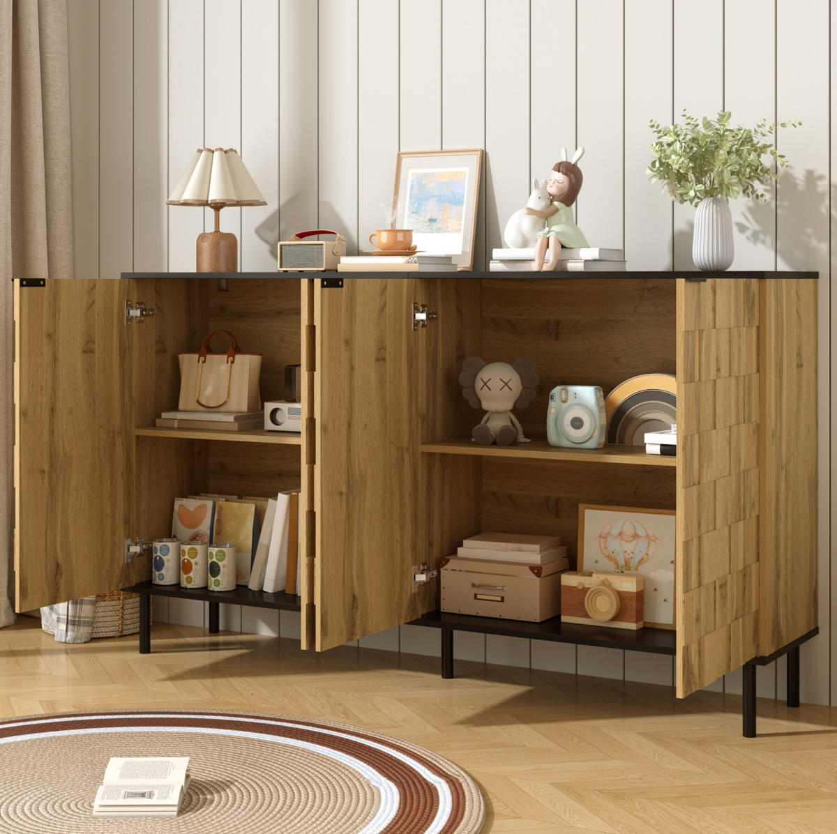 SIDEBOARD 160/35/80,5 cm mit 2 Türen, Mosaikfront und Metallfüßen, Natur/Schwarz - Naturfarben, Holzwerkstoff (160/80/35cm) - Redom