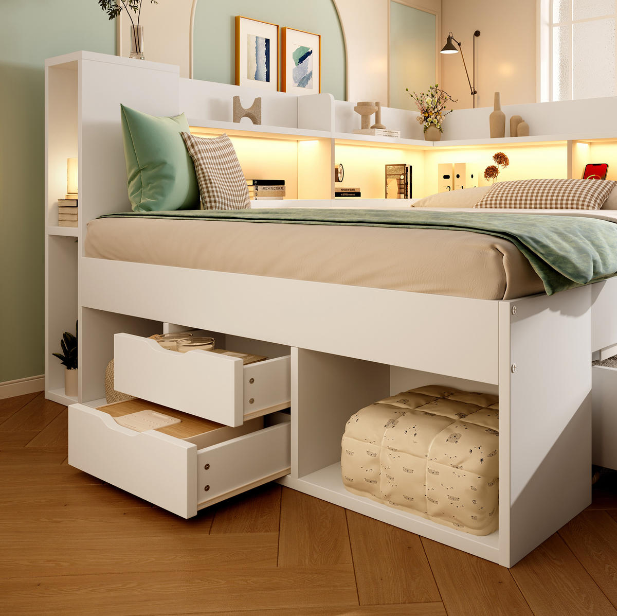 FUNKTIONSBETT 140/200 cm Weiß mit LED, USB-C und Stauraum - Weiß, Textil (140/200cm) - BEAOK