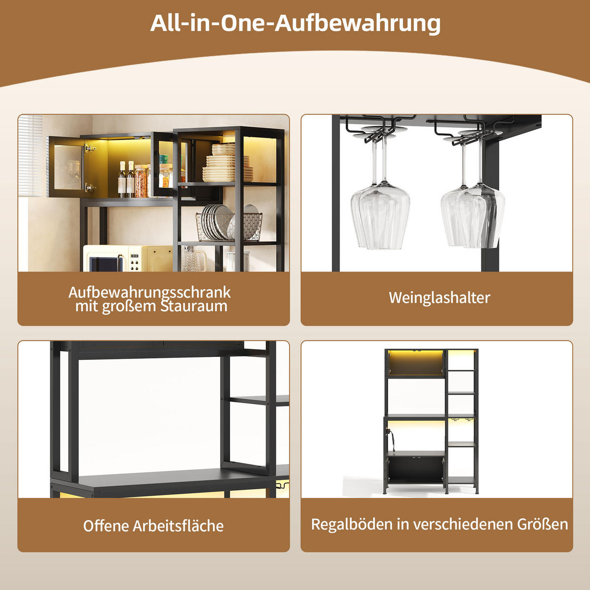 BUFFET 115/40/180 cm Schwarz mit LED-Lichtern, Barregal, Aufbewahrungsfunktion und Weinglashalter - Schwarz, Holz (115/180/40cm) - Oxeza