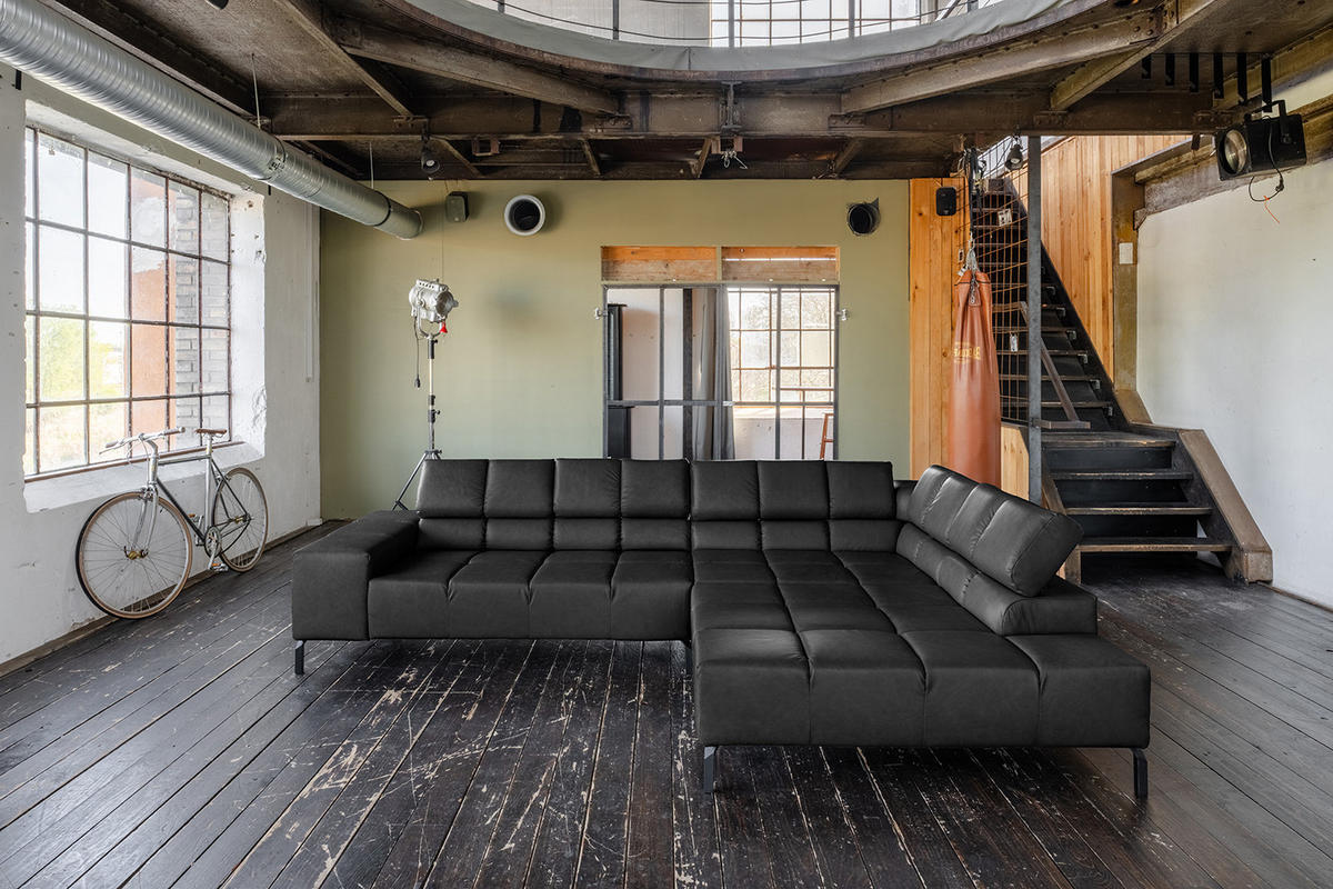 ECKSOFA NELSON Schwarz Leder Relaxfunktion - Schwarz, Leder/Metall (321/216cm) - KAWOLA