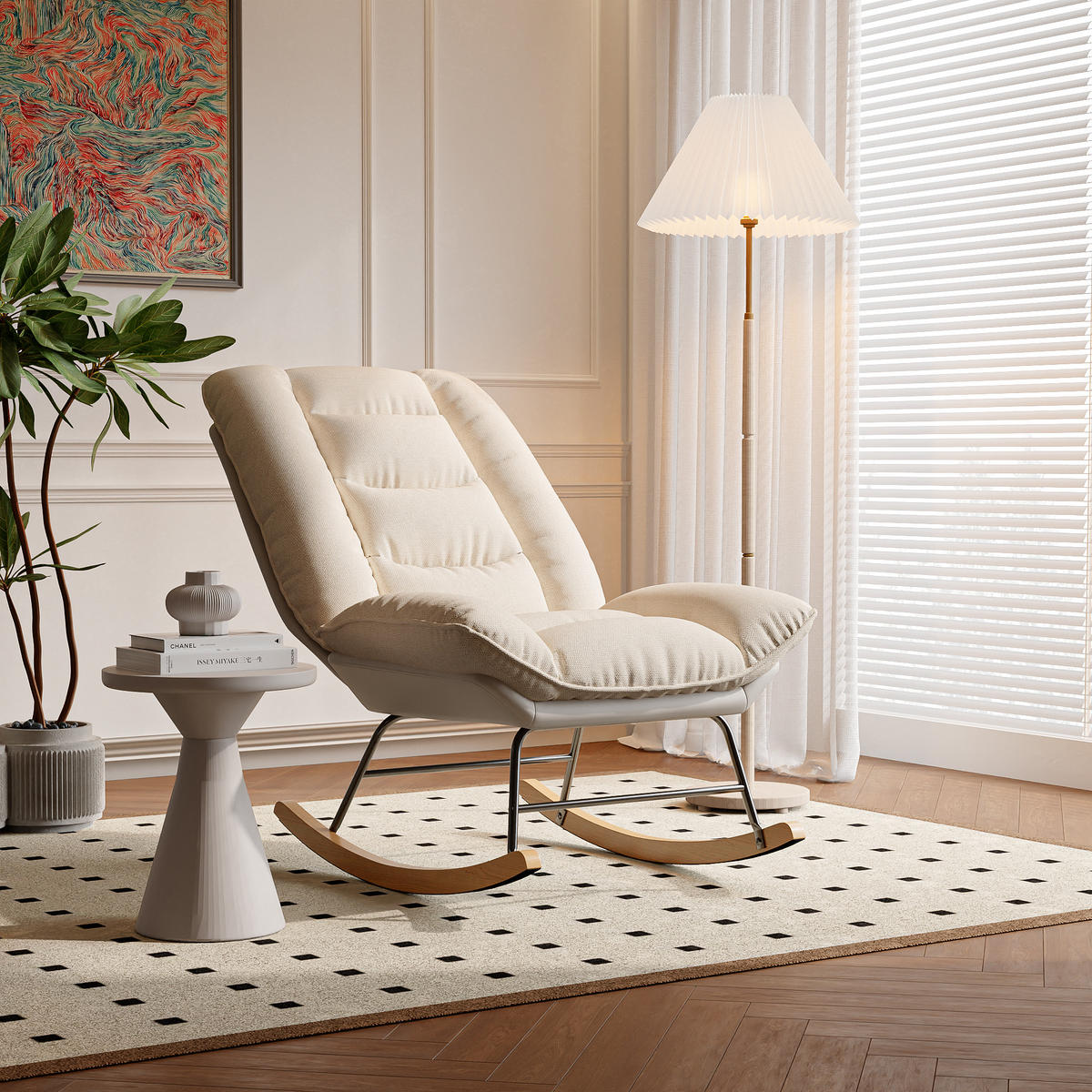 SCHAUKELSTUHL mit 5-fach verstellbarer Rückenlehne, für Wohnzimmer und Garten - Beige, Holz/Textil (63/100/90cm) - PARAFTA HOME