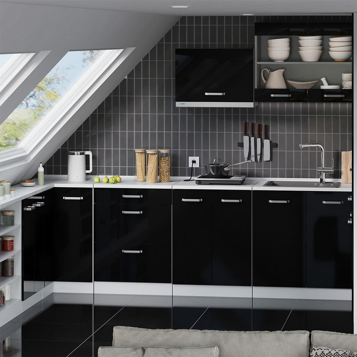 KÜCHENSCHRANK FÜR DACHSCHRÄGEN R-Line, Schwarz Hochglanz, 80 cm ohne Schräge mit 2 Türen - Schwarz Hochglanz/Weiß, Holzwerkstoff (80/83.8/46cm) - Vicco