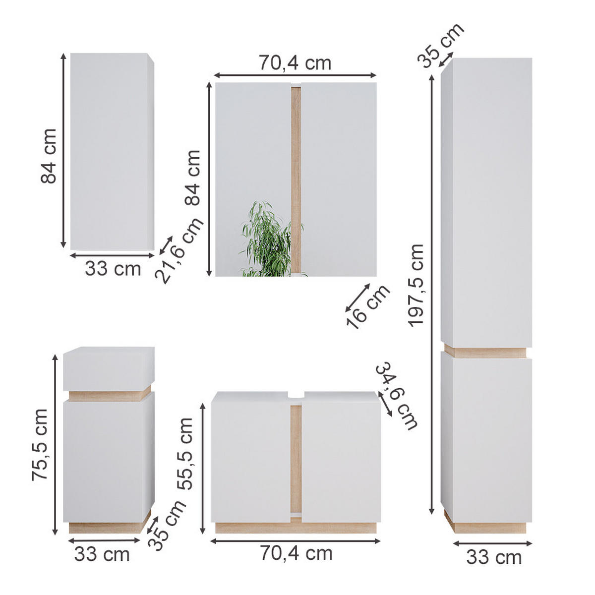 BADMÖBEL-SET Gloria Weiß 5 Teile - Weiß/Sonoma Eiche, Holzwerkstoff (70/55/34cm) - Vicco