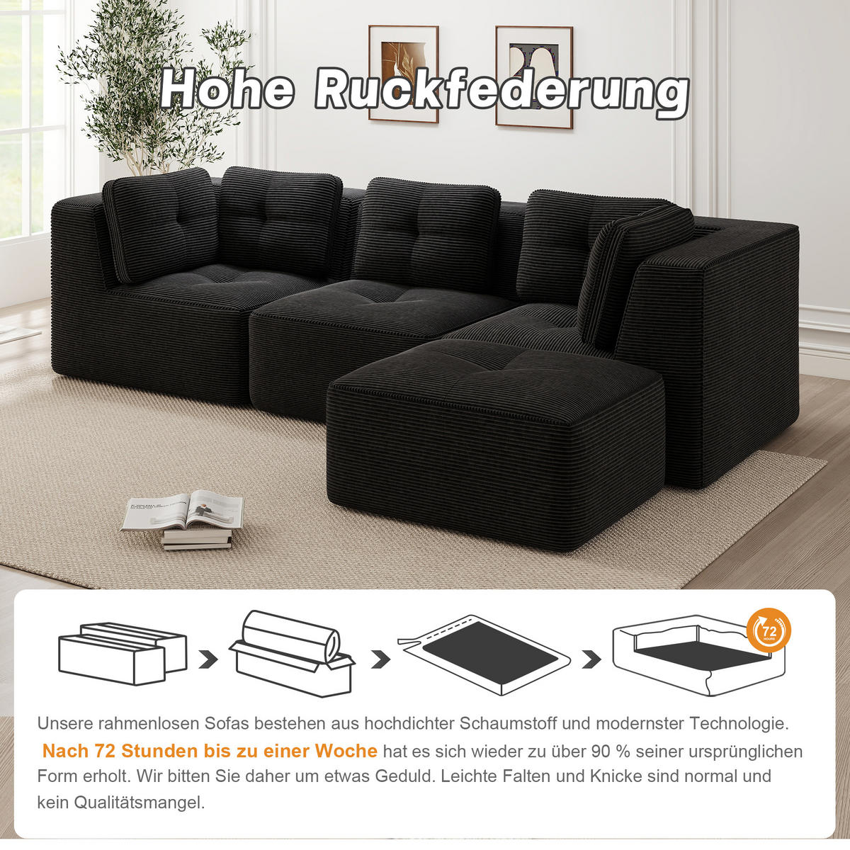 ECKSOFA 297/177/69 cm Schwarz Cord mit 1 Fußhocker - Schwarz, Textil (297/177cm) - Oxeza