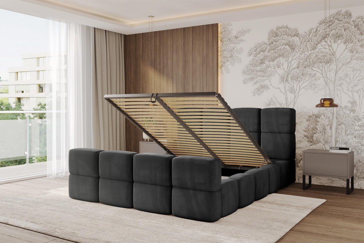 POLSTERBETT mit Bettkasten und Lattenrost, Bett mit Kopfteil, Boxbett ohne Matratze, Doppelbett mit Stauraum - NATA-Z 120x200 Schwarz - Schwarz Hochglanz, Holzwerkstoff/Textil (120/200cm) - ALTDECOR