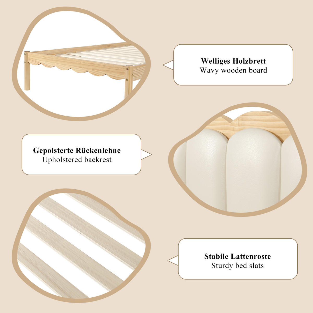 POLSTERBETT 90/200 cm in Beige und Natur mit Wellenoptik - Beige/Naturfarben, Holzwerkstoff/Textil (90/200cm) - WISHDOR