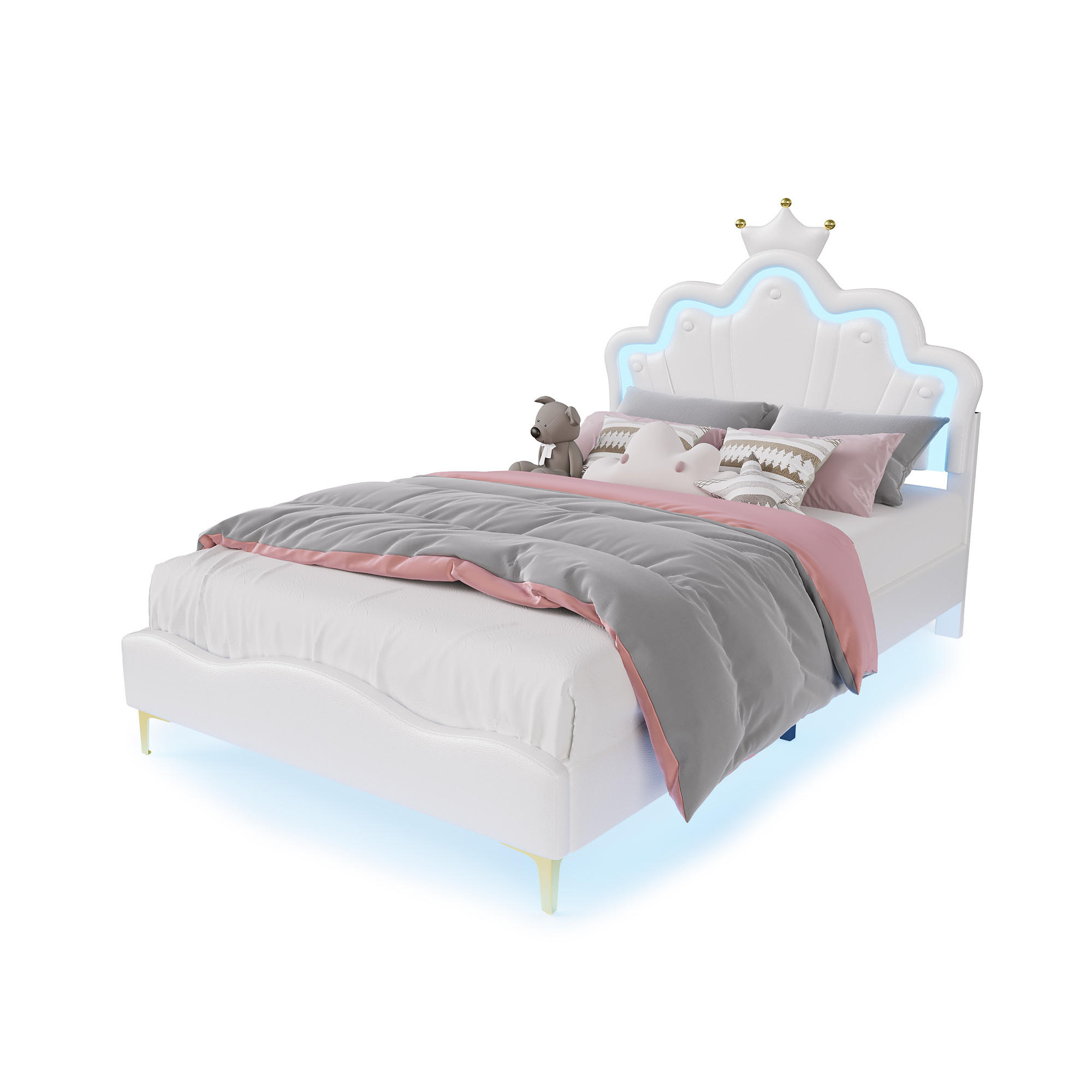 ČALÚNENÁ posteľ 140x190 cm s LED osvetlením, korunou a PU poťahom, biela - biela, kov (140/190cm) - EuroLiving