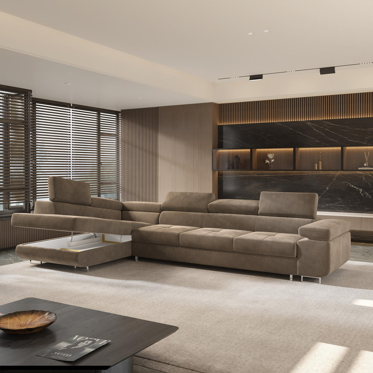 ECKSOFA VICENTE Beige Velours-Stoff mit Schlaffunktion - Beige, Holz (346/202cm) - MASSENO