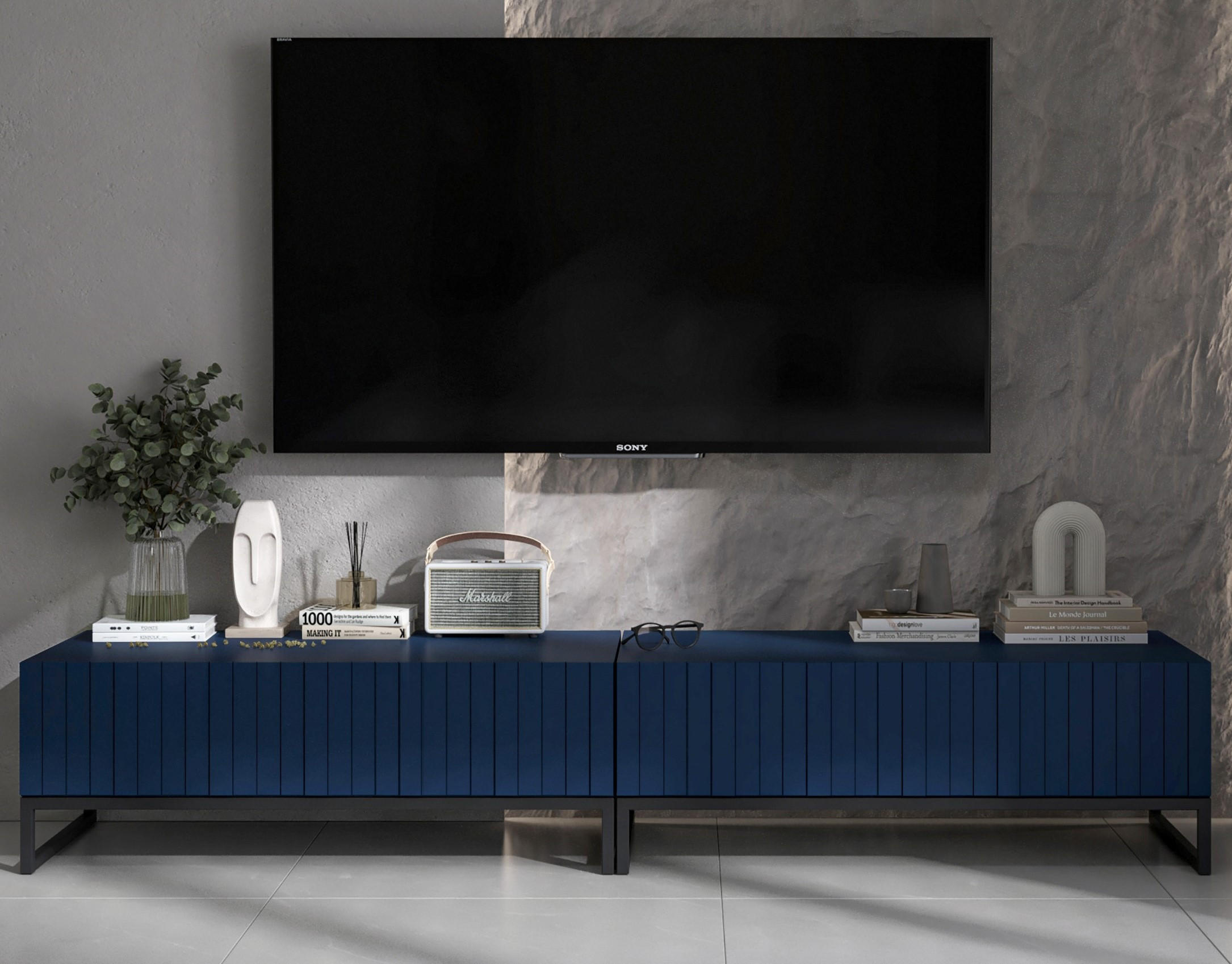 TV-LOWBOARD 2-er Set Elpis Marineblau Matt Glamour 110 cm - Blau/Schwarz, Holzwerkstoff/Metall (220/39/54cm) - Meble Lindner