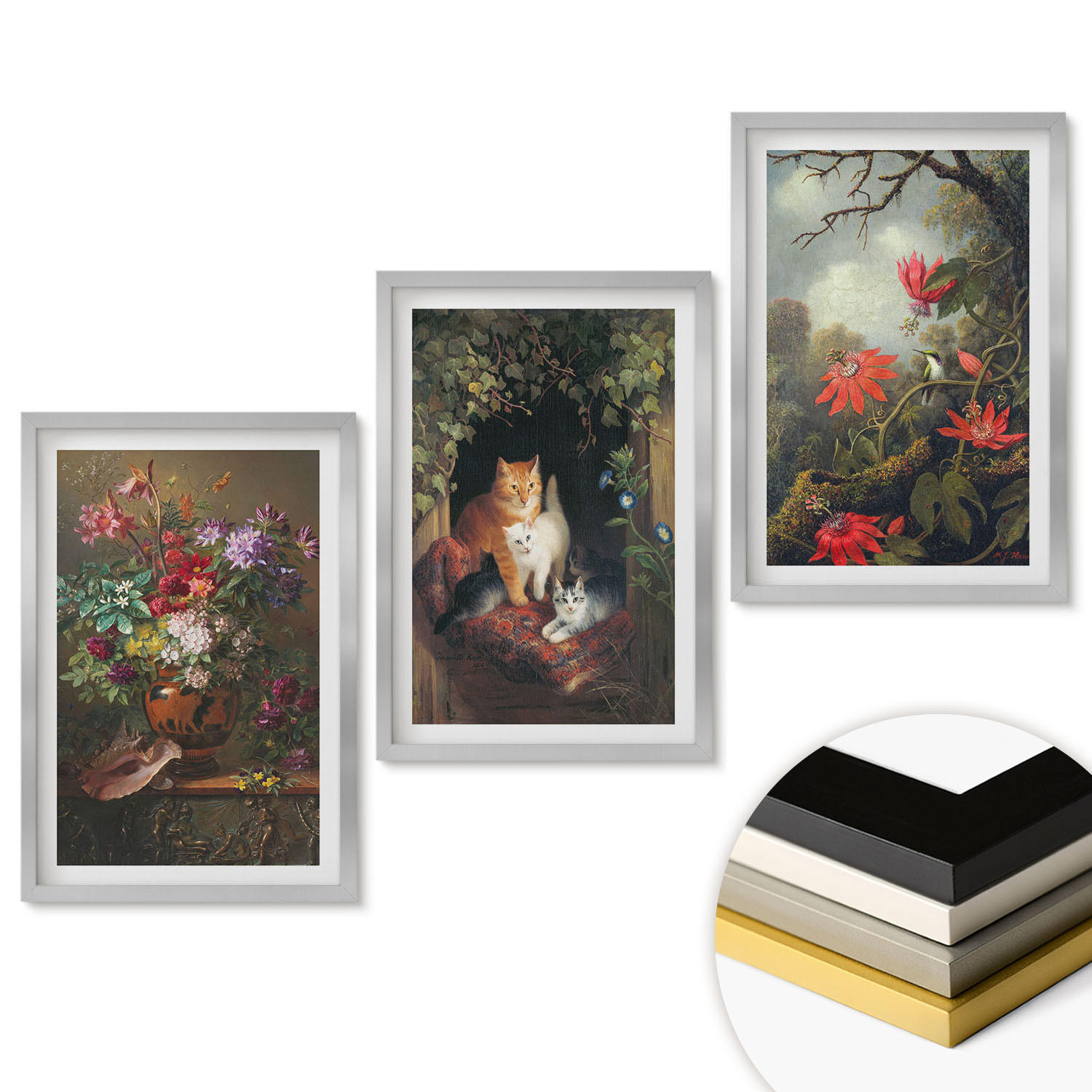 WANDBILDER 3er Set - 40x60 cm Silberner Rahmen - Vintage-Blumen, Katzen, Natur - Silberfarben, Kunststoff (40/60cm) - ArtPrintCave